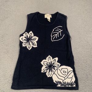 Lemon Grass Sweater Sleeveless‎ Navy Blue Floral Leaves MP Medium Petite